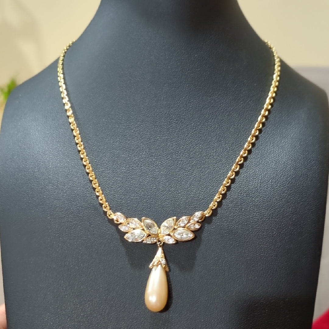 Vintage 1980s Nina Ricci Pearl Crystal Necklace Signed